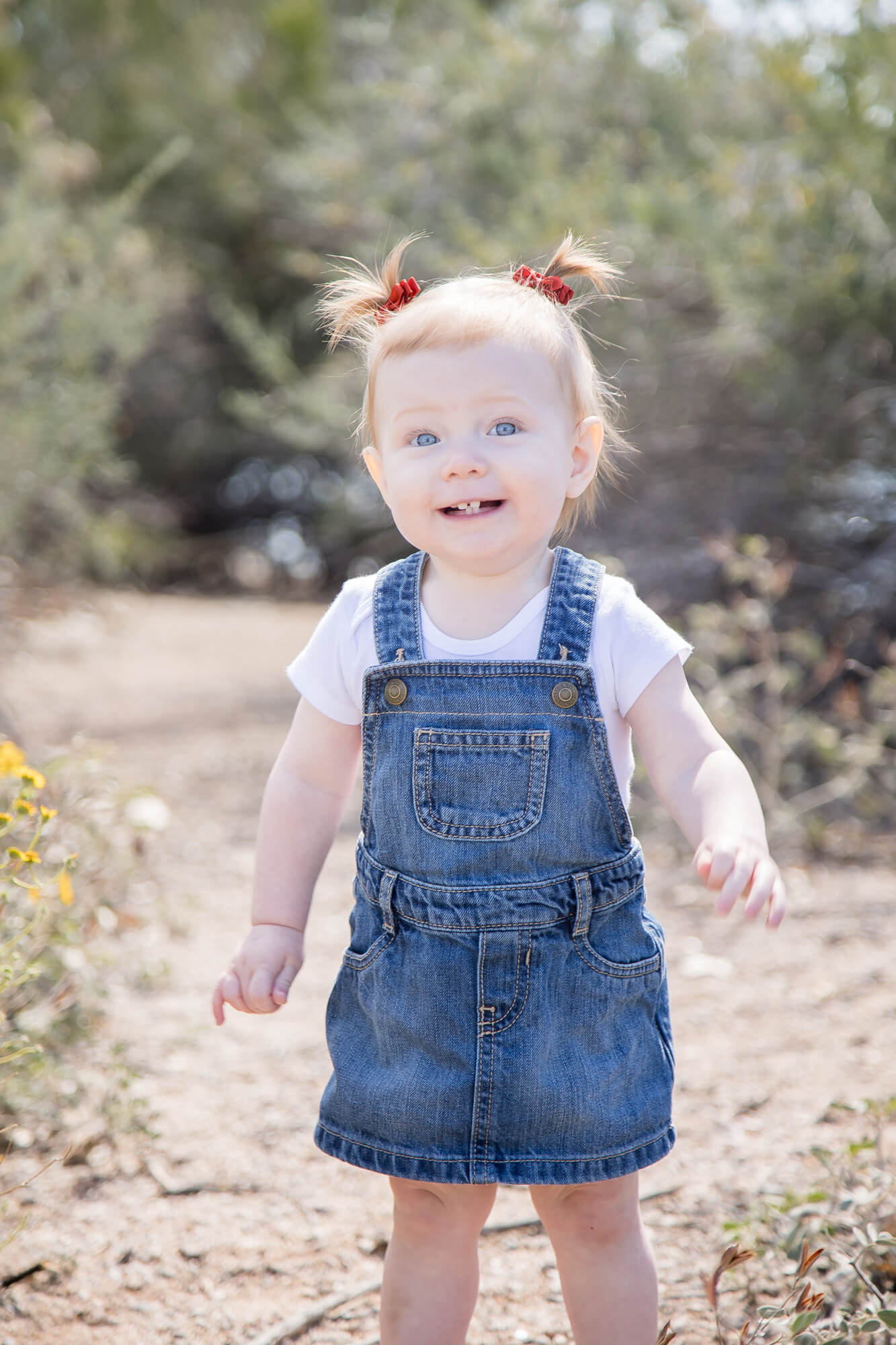 A toddler girl explores a desert trail in blue denim overalls